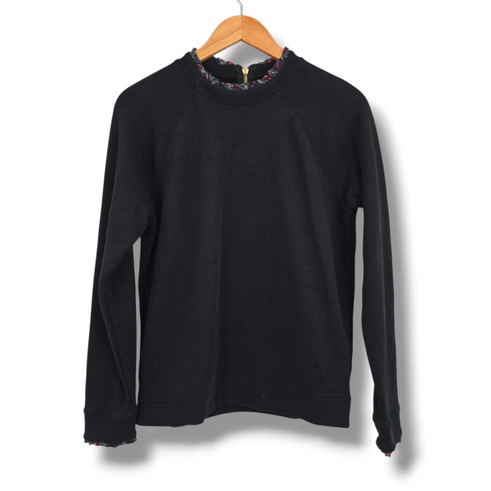 J.Crew Mercantile Womens Black Plaid Ruffle Trim Zip Back Sweatshirt Size Medium